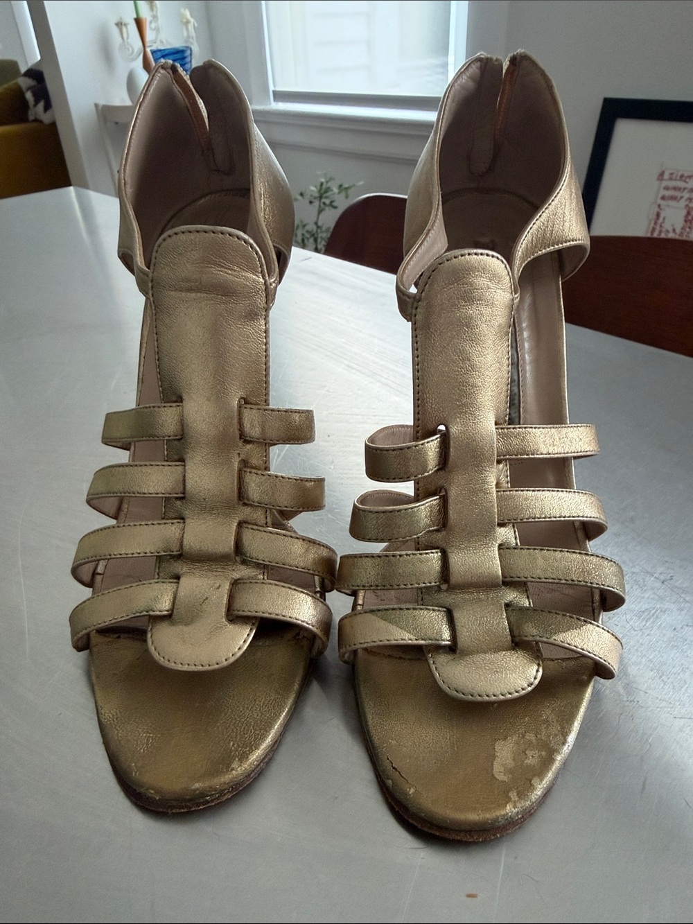 Manolo Blahnik Metallic Gold Strappy Women’s Heeled Sandals from tbe Real Real